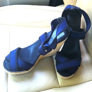 TORY BURCH Navy Blue & Black Open Toe Espadrille Wedge Platform Sandals Size 9